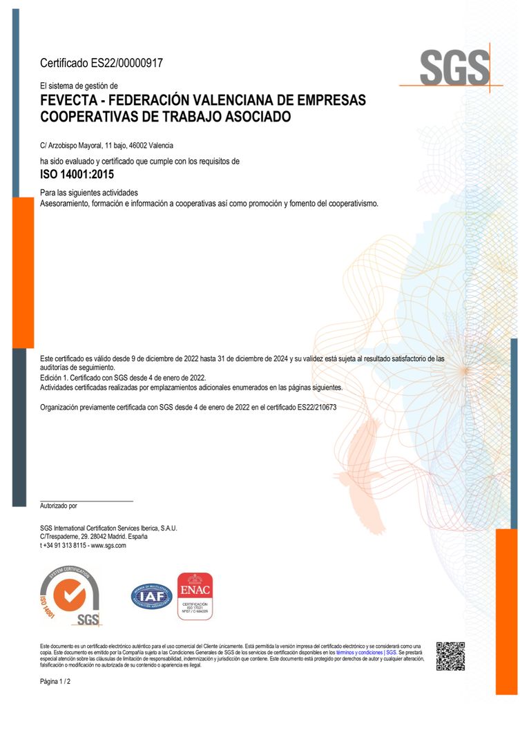 Certificado FEVECTA ISO 14001:2015