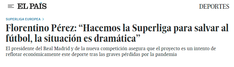 Florentino Prez: Hacemos la Superliga para salvar al ftbol, la situacin es dramtica